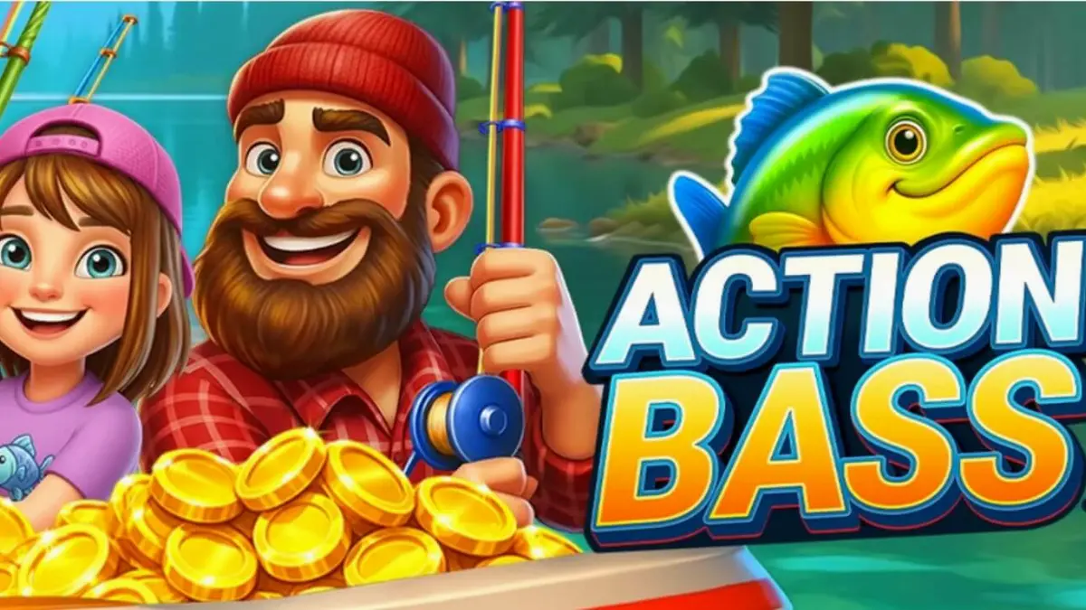 Tampilan layar slot Action Bass dengan tema memancing dan keluarga